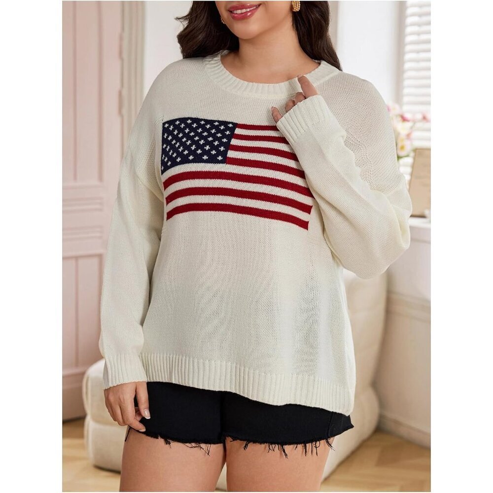 Plus Size American Flag Sweater Women's Long Sleeve Knit Crew Neck - Picture 4 of 5